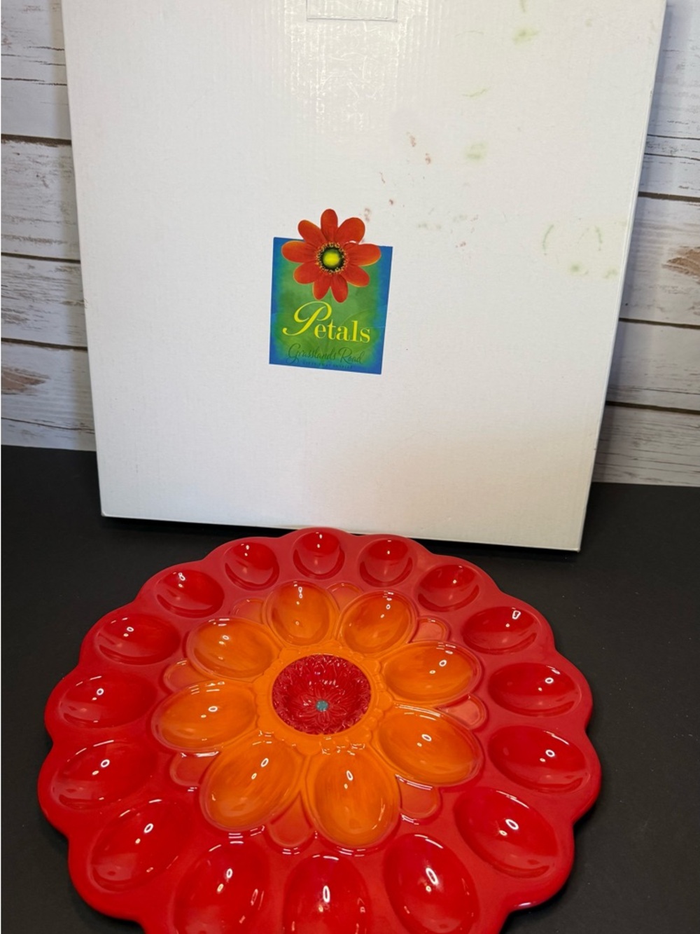 Grasslands Road Ceramic Deviled Egg Platter Titled Petals Vintage Red Orange EC - Picture 2 of 6